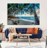 39679-MGV-CV-36X24-Tropical Palm Beach Wall Art – Serene Ocean Canvas Print with Palm Trees and Rocks, Coastal Paradise Decor for Living Room or