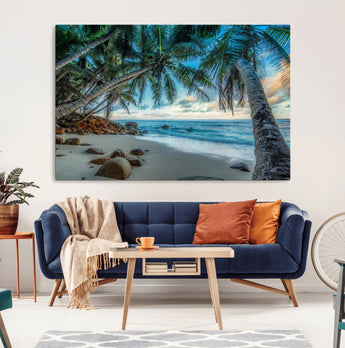 39679-MGV-CV-36X24-Tropical Palm Beach Wall Art – Serene Ocean Canvas Print with Palm Trees and Rocks, Coastal Paradise Decor for Living Room or
