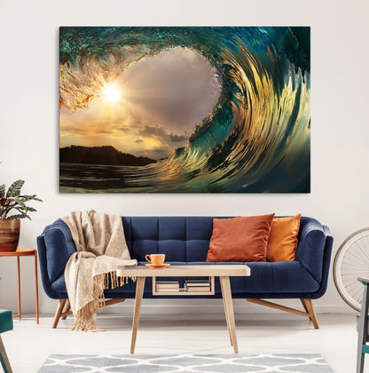 38256-MGV-CV-36X24-Ocean Wave Wall Art – Stunning Sunrise Through Curling Wave Canvas Print, Coastal Surf Photography Seascape Decor for Living Room,