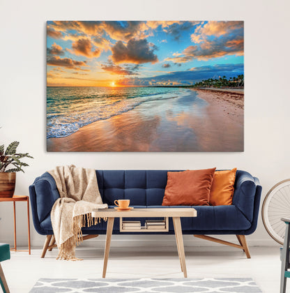 41572-MGV-CV-36X24-Sunset Beach Wall Art – Ocean Waves and Palm Trees Canvas Print, Tropical Coastal Sunset Seascape Decor for Living Room, Bedroom
