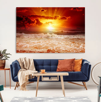 60211-MGV-CV-36X24-Fiery Sunset Ocean Waves Canvas Print – Vibrant Red & Orange Coastal Wall Art, Dramatic Seascape Decor