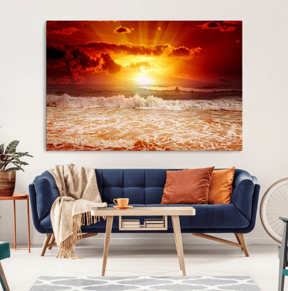 60211-MGV-CV-36X24-Fiery Sunset Ocean Waves Canvas Print – Vibrant Red & Orange Coastal Wall Art, Dramatic Seascape Decor