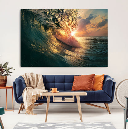 55359-MGV-CV-36X24-Radiant Ocean Wave Wall Art – Panoramic Surf Canvas Print, Vibrant Sunset Beach Decor for Home, Office or Man Cave