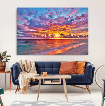 72836-MGV-CV-36X24-Fiery Sunset Beach Wall Art – Panoramic Vibrant Ocean Canvas Print, Dramatic Coastal Decor for Living Room, Bedroom or Office