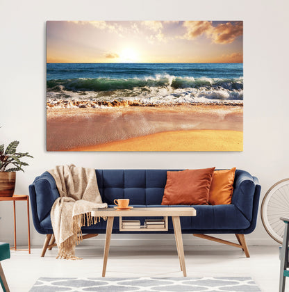 79005-MGV-CV-36X24-Golden Sunrise Ocean Waves Wall Art – Panoramic Seashore Canvas Print, Calming Coastal Decor for Home, Office or Relaxation Space