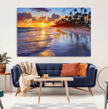 19917-MGV-CV-36X24-Tropical Sunset Beach Wall Art – Panoramic Palm Trees and Ocean Canvas Print, Vibrant Coastal Decor for Living Room, Office or Man