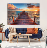 28836-MGV-CV-36X24-Ocean Pier Sunset Wall Art – Wooden Dock and Golden Horizon Canvas Print, Coastal Seascape Photography for Living Room, Bedroom,