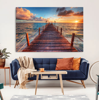 28836-MGV-CV-36X24-Ocean Pier Sunset Wall Art – Wooden Dock and Golden Horizon Canvas Print, Coastal Seascape Photography for Living Room, Bedroom,