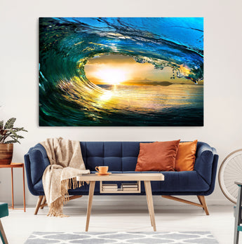 19378-MGV-CV-36X24-Ocean Wave Sunset Wall Art – Vibrant Surf and Golden Horizon Canvas Print, Coastal Seascape Photography for Living Room, Bedroom,