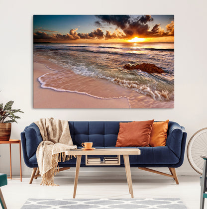 80979-MGV-CV-36X24-Golden Sunrise Beach Wall Art – Ocean Waves and Sandy Shore Canvas Print, Coastal Sunset Photography Artwork for Living Room,