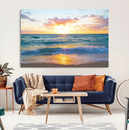 78006-MGV-CV-36X24-Golden Sunrise Ocean Wall Art – Panoramic Beach Waves Canvas Print, Coastal Seascape Artwork for Living Room, Bedroom, Office, or