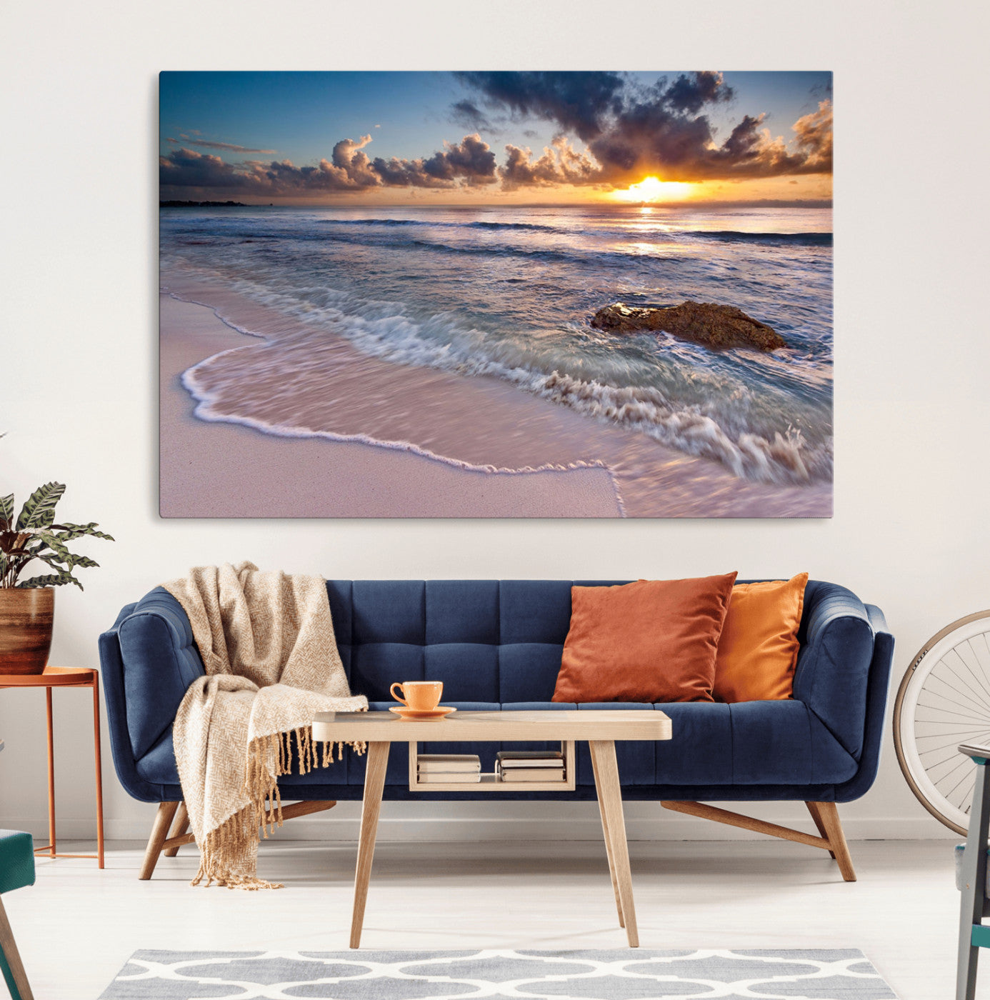 94906-MGV-CV-36X24-Sunrise Beach Wall Art – Panoramic Ocean Waves Canvas Print, Coastal Sunset Seascape Artwork for Living Room, Bedroom, or Office