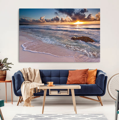 94906-MGV-CV-36X24-Sunrise Beach Wall Art – Panoramic Ocean Waves Canvas Print, Coastal Sunset Seascape Artwork for Living Room, Bedroom, or Office