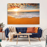 15399-MGV-CV-36X24-Golden Sunrise Beach Wall Art – Ocean Waves on Sandy Shore Canvas Print, Coastal Seascape Decor for Living Room or Bedroom
