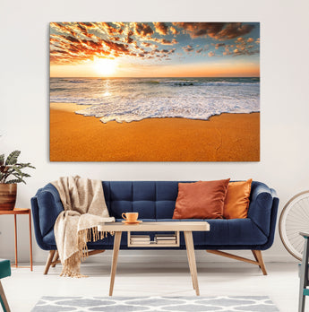 15399-MGV-CV-36X24-Golden Sunrise Beach Wall Art – Ocean Waves on Sandy Shore Canvas Print, Coastal Seascape Decor for Living Room or Bedroom