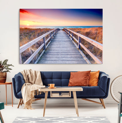 60625-MGV-CV-36X24-Beach Boardwalk Sunrise Wall Art – Coastal Pathway to Ocean Canvas Print, Seaside Landscape Decor for Home or Office