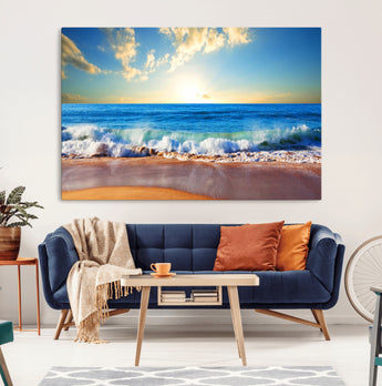 50522-MGV-CV-36X24-Ocean Sunrise Wall Art – Peaceful Beach Waves and Golden Horizon Canvas Print, Coastal Seascape Decor for Home or Office