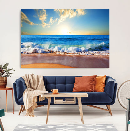 50522-MGV-CV-36X24-Ocean Sunrise Wall Art – Peaceful Beach Waves and Golden Horizon Canvas Print, Coastal Seascape Decor for Home or Office