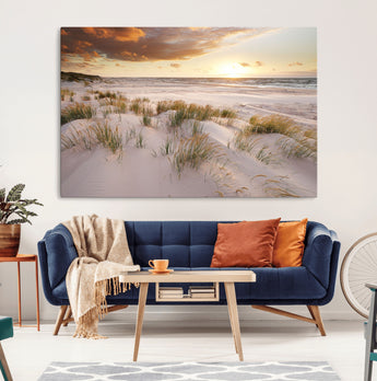 61246-MGV-CV-36X24-Coastal Sand Dunes Wall Art – Serene Beach Sunset Canvas Print with Grasses and Ocean View, Tranquil Seaside Decor for Living Room