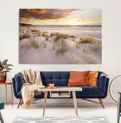 61246-MGV-CV-36X24-Coastal Sand Dunes Wall Art – Serene Beach Sunset Canvas Print with Grasses and Ocean View, Tranquil Seaside Decor for Living Room