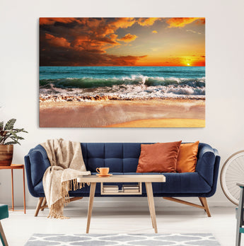 72948-MGV-CV-36X24-Ocean Sunset Wave Wall Art – Dramatic Seascape Canvas Print with Golden Sky and Crashing Waves, Coastal Beach Decor for Living