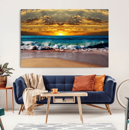 83389-MGV-CV-36X24-Ocean Sunrise Wall Art – Vibrant Beach Waves Canvas Print, Coastal Seascape Decor for Living Room or Office