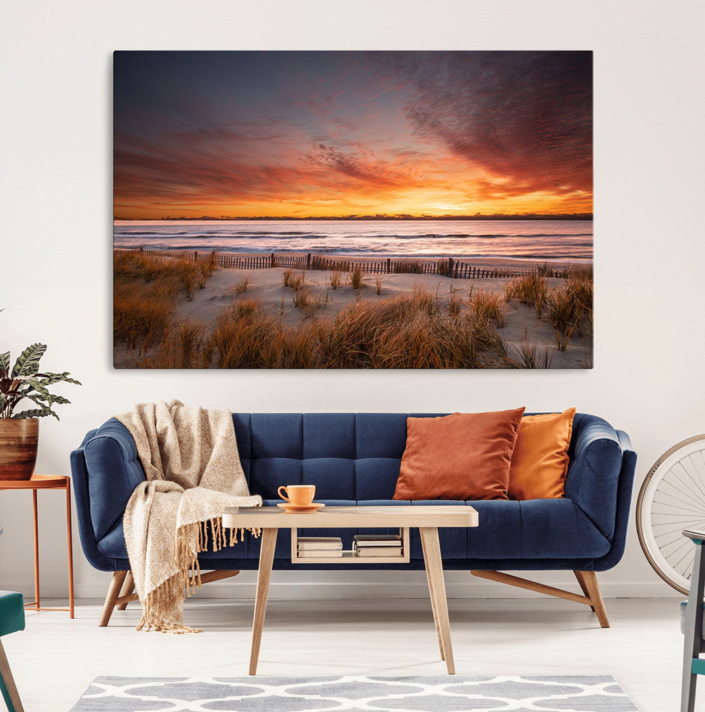 90176-MGV-CV-36X24-Beach Sunset Wall Art – Coastal Sand Dune Canvas Print with Ocean Waves and Dramatic Sky, Seaside Landscape Decor for Living Room