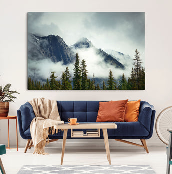 93219-MGV-CV-36X24-Misty Mountain Wall Art – Foggy Pines and Rocky Peaks Canvas Print, Nature Landscape Decor for Living Room, Office or Bedroom