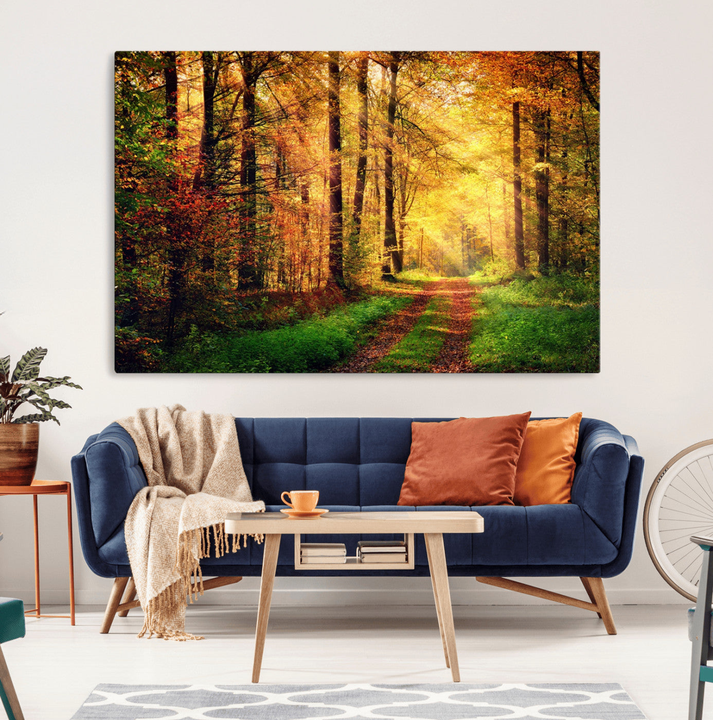 73494-MGV-CV-36X24-Golden Autumn Forest Path Wall Art – Sunlit Woodland Canvas Print, Fall Nature Landscape Home Decor