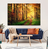 73494-MGV-CV-36X24-Golden Autumn Forest Path Wall Art – Sunlit Woodland Canvas Print, Fall Nature Landscape Home Decor