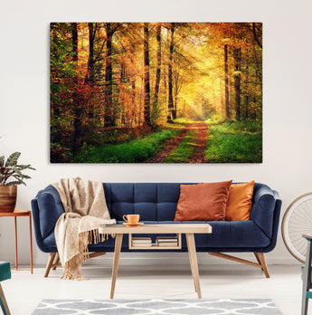 73494-MGV-CV-36X24-Golden Autumn Forest Path Wall Art – Sunlit Woodland Canvas Print, Fall Nature Landscape Home Decoration