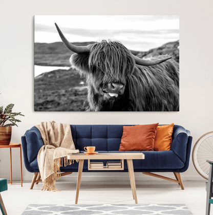 83810-MGV-CV-36X24-Highland Cow Wall Art – Black and White Highland Cattle Print, Rustic Farmhouse Animal Decor for Living Room or Office