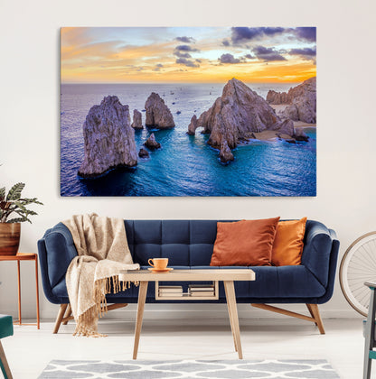 72955-MGV-CV-36X24-Ocean Rock Formation Wall Art – Sunset Coastal Seascape Print, Beach Landscape Decor for Living Room or Office