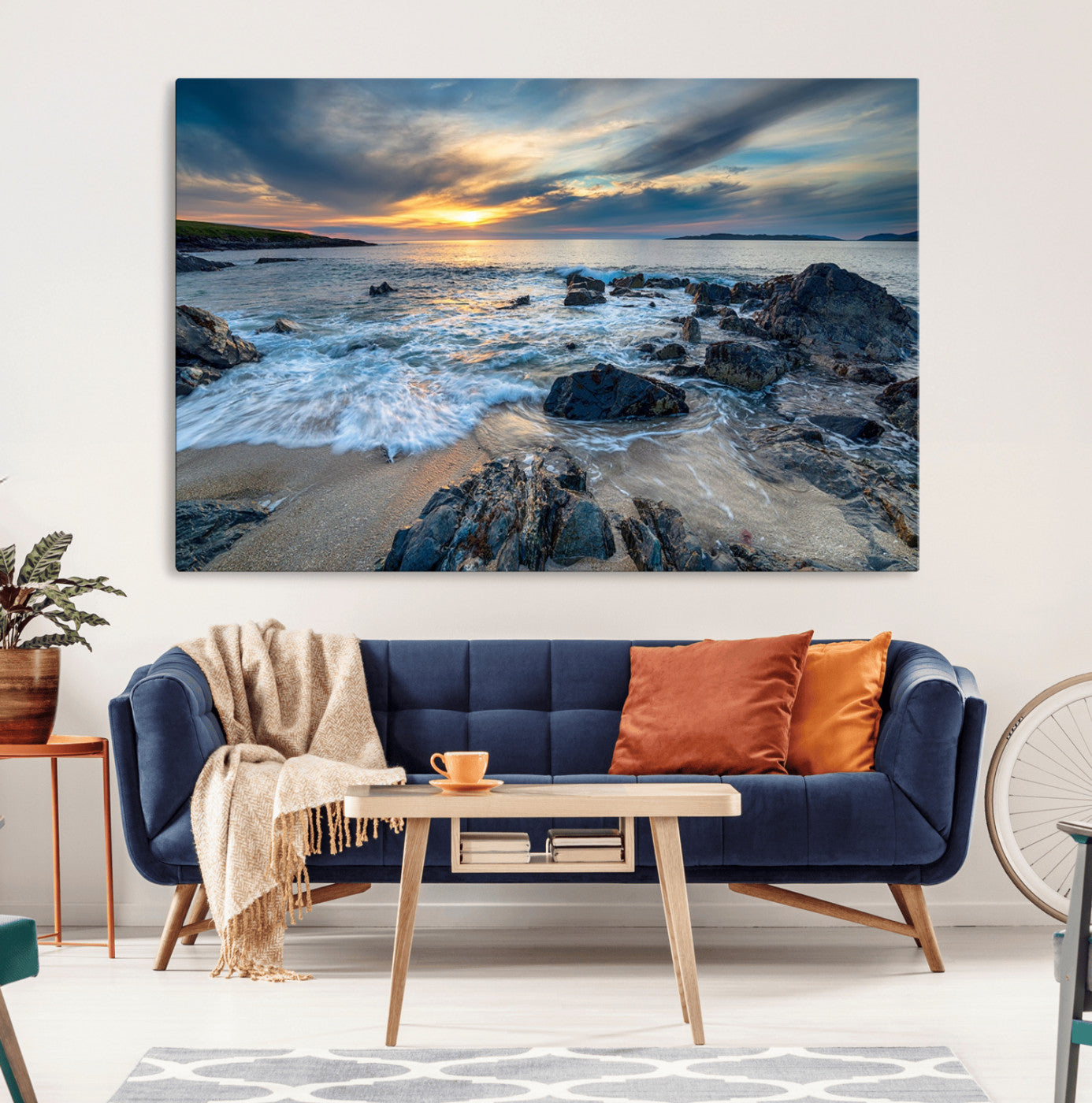 17902-MGV-CV-36X24-Rocky Shore Ocean Sunset Wall Art – Coastal Seascape Canvas Print, Nature Beach Decor for Living Room or Office