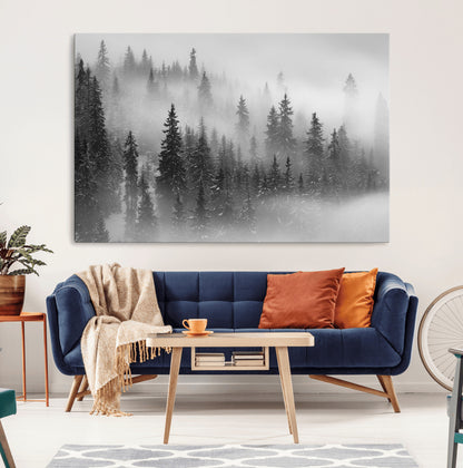 57235-MGV-CV-36X24-Misty Pine Forest Wall Art – Black and White Mountain Landscape Canvas Print, Nature Woodland Decor for Living Room, Bedroom or