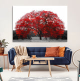 80021-MGV-CV-36X24-Red Tree Wall Art – Striking Black and White Landscape Canvas Print with Vibrant Red Leaves, Modern Nature Decor for Living Room