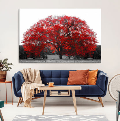 80021-MGV-CV-36X24-Red Tree Wall Art – Striking Black and White Landscape Canvas Print with Vibrant Red Leaves, Modern Nature Decor for Living Room