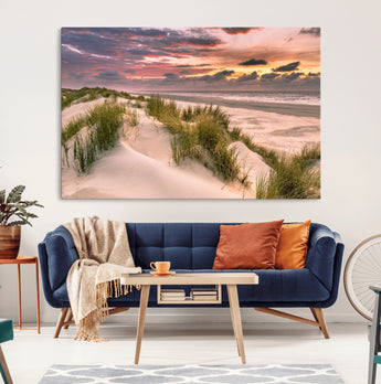 60570-MGV-CV-36X24-Beach Sunset Wall Art – Coastal Sand Dunes and Ocean Horizon Canvas Print, Tranquil Seascape Photography Decor for Living Room or