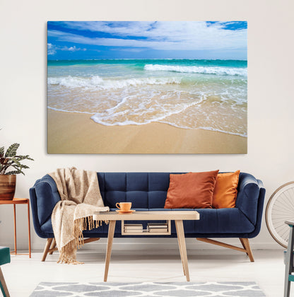 20660-MGV-CV-36X24-Ocean Wave Beach Wall Art – Serene Blue Sea and Sandy Shore Canvas Print, Coastal Landscape Photography Decor for Living Room or