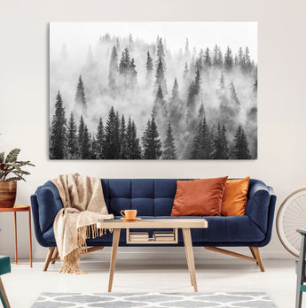 10422-MGV-CV-36X24-Misty Pine Forest Wall Art – Black and White Foggy Landscape Canvas Print, Serene Nature Woodland Decor for Bedroom, Office or