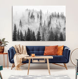 10422-MGV-CV-36X24-Misty Pine Forest Wall Art – Black and White Foggy Landscape Canvas Print, Serene Nature Woodland Decor for Bedroom, Office or