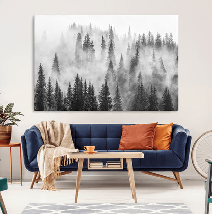 10422-MGV-CV-36X24-Misty Pine Forest Wall Art – Black and White Foggy Landscape Canvas Print, Serene Nature Woodland Decor for Bedroom, Office or