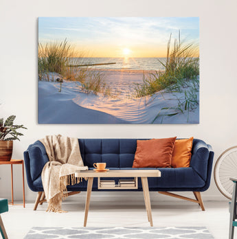 48907-MGV-CV-36X24-Beach Sunset Wall Art – Coastal Sand Dunes and Ocean View Canvas Print, Serene Seaside Landscape Painting for Living Room, Bedroom
