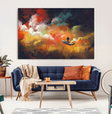 45085-MGV-CV-36X24-Surreal Cosmic Wall Art – Abstract Galaxy Dreamscape Canvas Print with Man and Dog in Boat, Fantasy Nebula Painting for Living