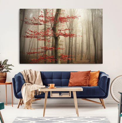 61855-MGV-CV-36X24-Misty Forest Wall Art – Red Tree with Autumn Leaves Canvas Print, Moody Woodland Nature Decor for Living Room, Bedroom, or Office