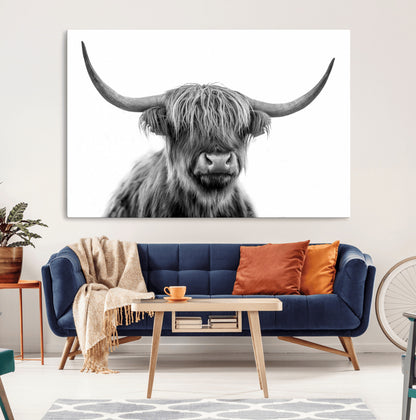 10123-MGV-CV-36X24-Black and White Highland Cow Wall Art – Modern Farmhouse Animal Print, Rustic Scottish Bull Canvas Decor for Living Room, Bedroom,