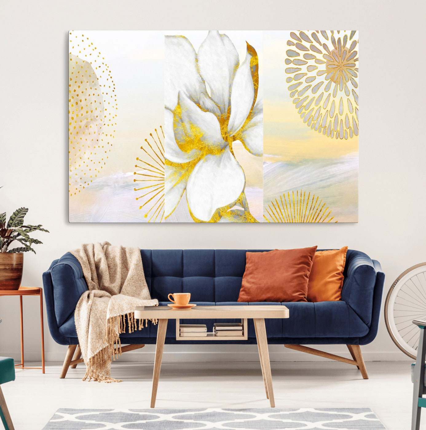 82301-MGV-CV-36X24-Modern Floral Wall Art – White Flower with Gold Detailing Canvas Print, Elegant Abstract Artwork for Living Room, Bedroom, or