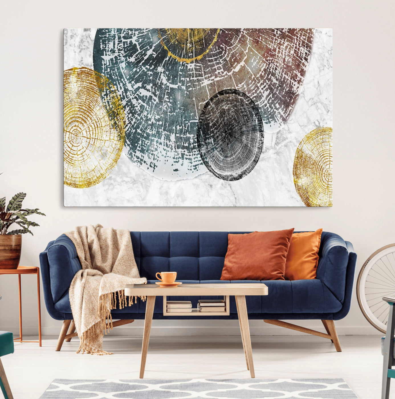 70653-MGV-CV-36X24-Abstract Tree Ring Wall Art – Modern Rustic Wood Slice Canvas Print with Gold Accents, Contemporary Nature Decor for Living Room,