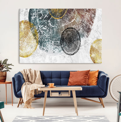 70653-MGV-CV-36X24-Abstract Tree Ring Wall Art – Modern Rustic Wood Slice Canvas Print with Gold Accents, Contemporary Nature Decor for Living Room,