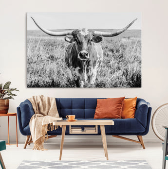 77320-MGV-CV-36X24-Texas Longhorn Wall Art – Black and White Western Cattle Canvas Print, Rustic Farmhouse Animal Photography Decor for Living Room,